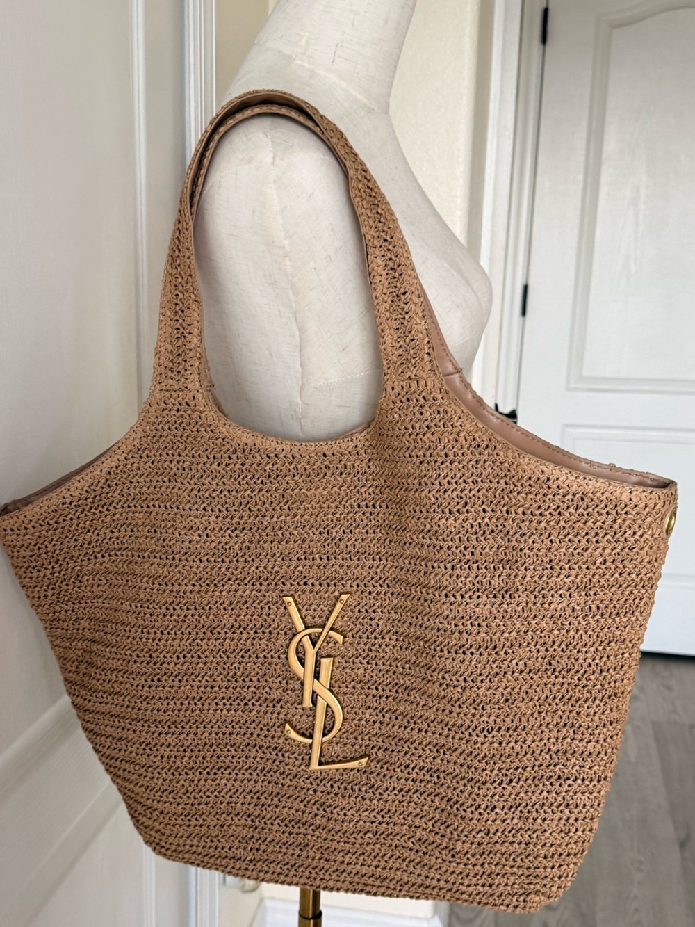 Saint Laurent Tan Raffia Logo Tote Bag